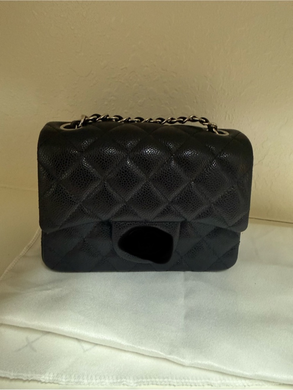 Black Quilted Mini Flap Bag with Chain Strap - firm